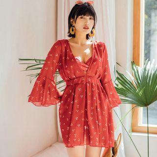 Set: Flower Print Bikini Top + Swim Shorts + Cover Up