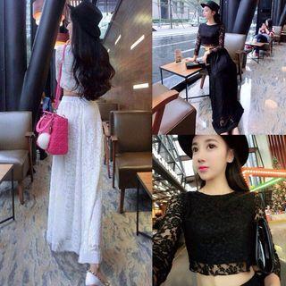 Set: Cropped Lace Long-sleeve Top + Maxi Lace A-line Skirt