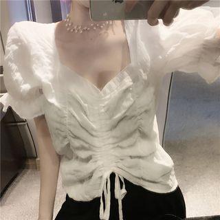 Short-sleeve Drawstring Top / Slit A-line Midi Skirt