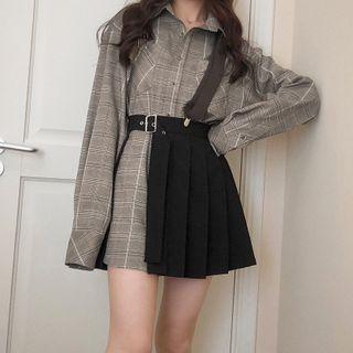 Plaid Shirt + High-waist Asymmetric Pleated Skirt