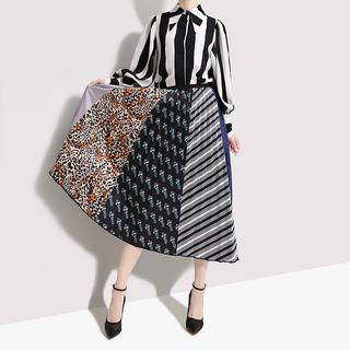 Pattern Paneled A-line Midi Pleated Skirt As Shown In Figure - One Size