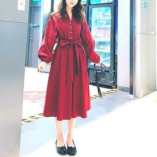 Tied Waist Long Sleeve Shirt Dress