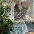 Set: Striped Cropped Halter Top + Cardigan Set - Black & White - One Size