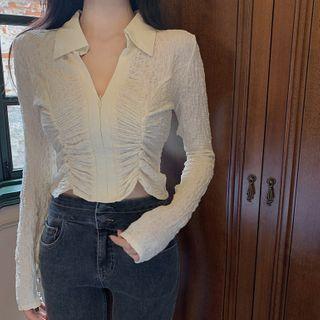 Long-sleeve Zip-up Polo Crop Top White - One Size