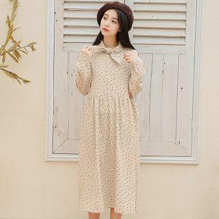 Dotted Long-sleeve Midi A-line Dress Khaki - One Size