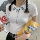 Short-sleeve Butterfly Embroidered Cropped T-shirt White - One Size