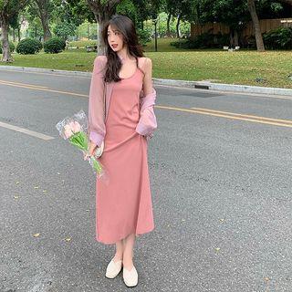 Set: Spaghetti-strap Midi A-line Dress + Shirt