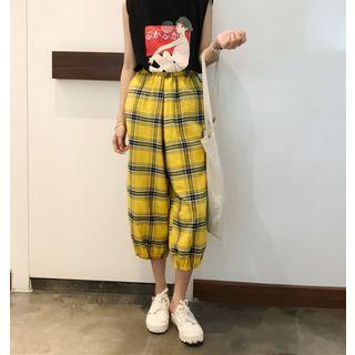 Sleeveless Print T-shirt / Plaid Cropped Baggy Pants