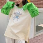 Long-sleeve Cartoon Print Raglan T-shirt Green - One Size