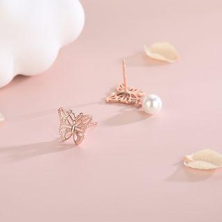 925 Sterling Silver Faux Pearl Butterfly Earring 1 Pair - 925 Silver - Es1323 - Rose Gold - One Size