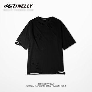 Plain Distressed Elbow-sleeve T-shirt