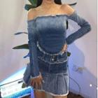 Set: Off-shoulder Denim Long-sleeve Crop Top + Pleated Mini A-line Skirt