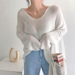 V-neck Plain Eyelet Knit Top