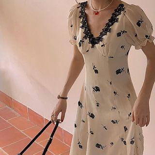 Lace Trim Rose Print Midi Dress