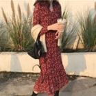 Long-sleeve Floral-printed Midi A-line Dress Red - One Size