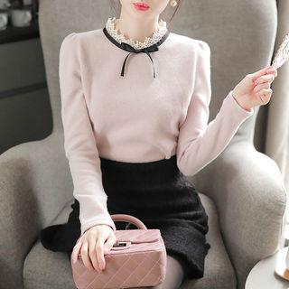 Lace-trim Beribboned Knit Top