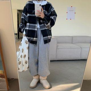 Plaid Fleece Collar Jacket Plaid - One Size