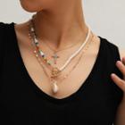 Rhinestone Cross / Shell / Bead Necklace / Set 0675 - Gold - One Size