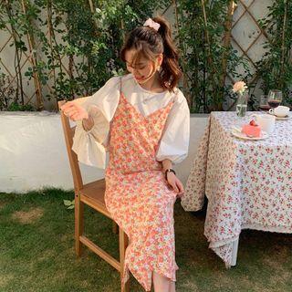 Puff-sleeve Blouse / Flower Print Midi Overall Dress