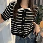 Short-sleeve Lapel Striped Knit Top Black & White - One Size