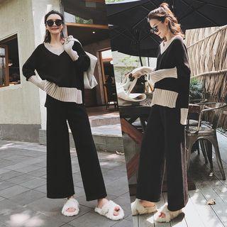 Set: V-neck Sweater + Cropped Wide-leg Pants