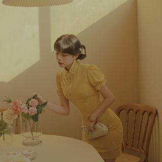 Short-sleeve Mandarin Collar Embroidered Mini Dress