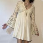 Plain Lace Paneled Flared-cuff A-line Dress