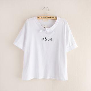Short-sleeve Embroidered Cat Face T-shirt