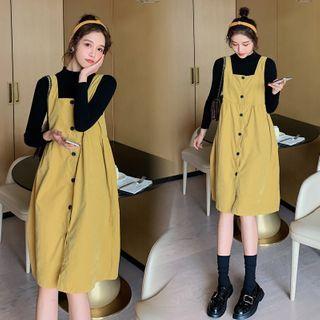 Plain Long-sleeve Top + Buttoned Overall Dress