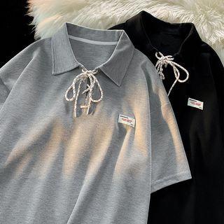 Applique Lace-up Polo Shirt