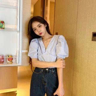 Puff-sleeve V-neck Gingham Blouse