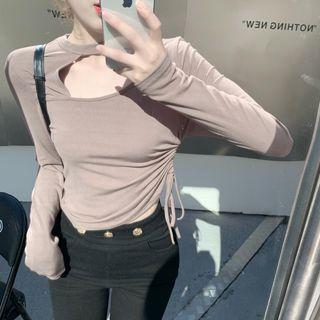 Long-sleeve Asymmetrical Drawstring Cropped T-shirt