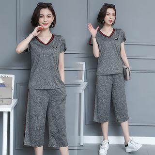Set: Contrast Trim Short-sleeve T-shirt + Cropped Wide Leg Pants