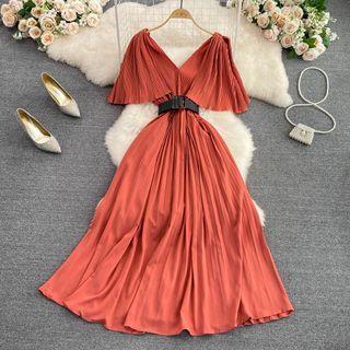 Plain V-neck Ruffle Pleated Maxi Dress
