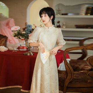 Puff-sleeve Mandarin Collar Midi A-line Dress