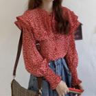 Long-sleeve Floral Print Ruffled Blouse Red - One Size
