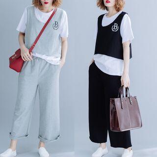 Set: Lettering Tank Top + Short-sleeve T-shirt + Wide Leg Pants