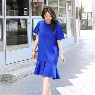 Elbow-sleeve Ruffle-hem Linen Blend Midi Dress