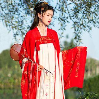 Long-sleeve Hanfu Top / Jacket / Strapless Maxi Dress / Chiffon Scarf / Set