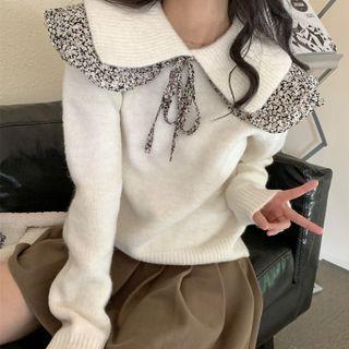 Long-sleeve Peter Pan Collar Floral Print Knit Sweater