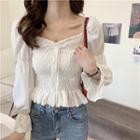 Long-sleeve Square-neck Ruched Blouse