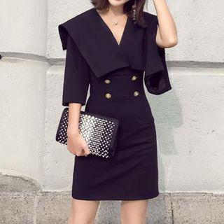 Double Breasted Elbow Sleeve Collared Dress