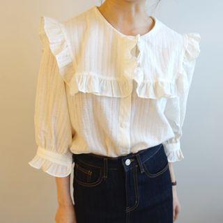 Frill Trim Collar Elbow-sleeve Blouse