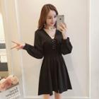 V-neck Lace-up Long-sleeve A-line Dress