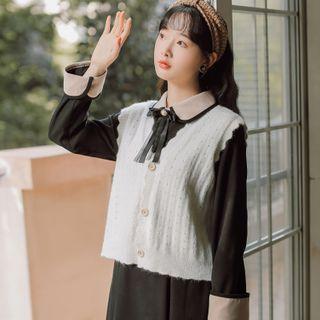 V-neck Sleeveless Knit Vest / Long-sleeve Dress