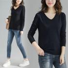 Plain V-neck Sweater Black - One Size