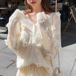 Knit Floral Cardigan White - One Size