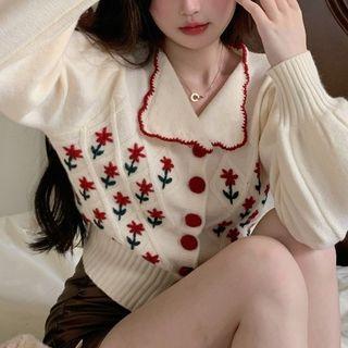 Floral Collared Cardigan Red Flower - Beige - One Size