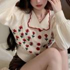 Floral Collared Cardigan Red Flower - Beige - One Size