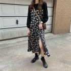 Long-sleeve Mock Two-piece Floral Print Midi Dress Black - One Size